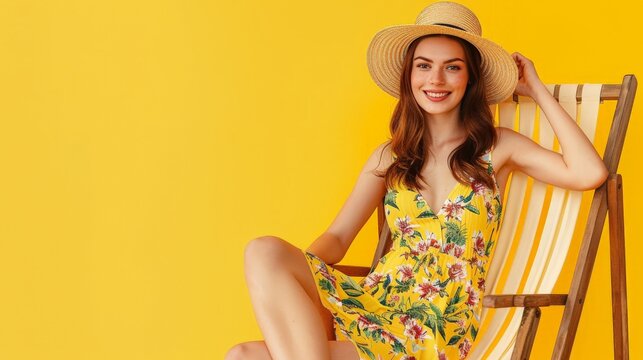 young woman wearing a summer dress and a straw hat sitting in a beach chair on a yellow background - travel and vacation concept with copyspace