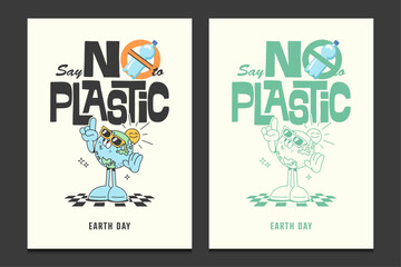 earth day posters with retro cartoon mascot character, vector illustration