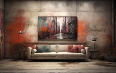 old room with a sofa and painting behind the sofa ,clour effect'Romantic Graffiti Hearts: High-Detailed Luxury with Dark Cyan and Black Street Art Flair