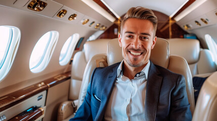 A smiling rich young businessman is flying in a luxury private jet.