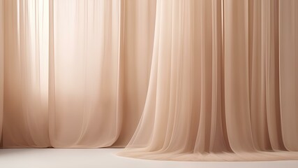 A visually stunning image portrays a mesmerizing stage adorned with an array of iridescent organic natural beige and brown tulle curtain backdrop on a stage.
