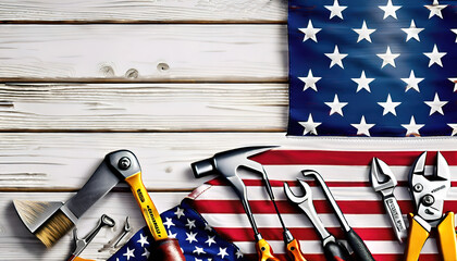 Attractive Labor day, hand tools and the flag of the united states of america lying on the table