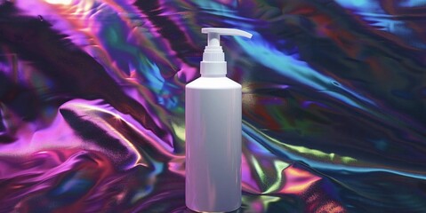 Mockup: White dispenser bottle on a dark, very beautiful iridescent background  - obrazy, fototapety, plakaty