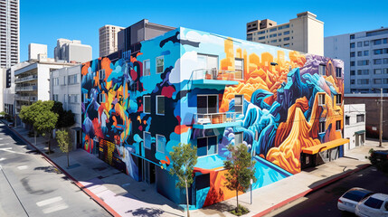 Immerse yourself in the eclectic charm of a cityscape adorned with a vibrant street art mural.