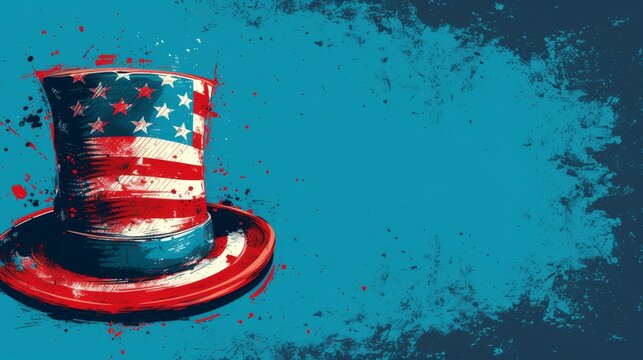 American flag-themed top hat with paint splatters on a blue background