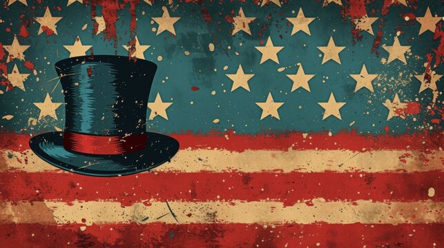 Vintage top hat on grunge American flag background with stars