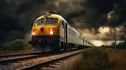 Papier Peint photo Ancien avion A dramatic thunderstorm scene with a train traveling under stormy skies, the HDR enhancing the dark clouds and intense atmosphere.