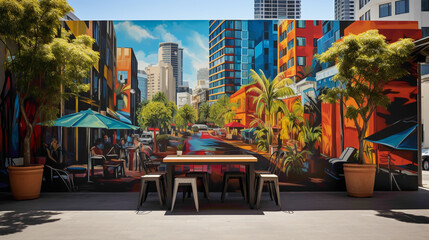 Fototapeta na wymiar Immerse yourself in the eclectic charm of a cityscape adorned with a vibrant street art mural.