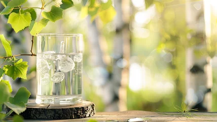 Foto op Aluminium A glass of fresh birch sap, against the backdrop of a birch grove in the rays of the spring sun with a copy space. © Tetiana