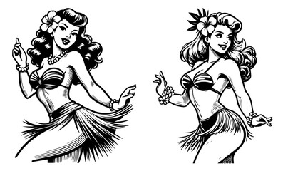 hawaiian pin-up girls dancers tropical beauty black vector - obrazy, fototapety, plakaty