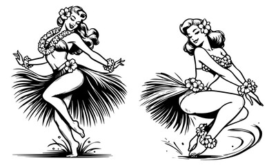pin-up girl dancing hula in tropical palm leaf outfit black vector