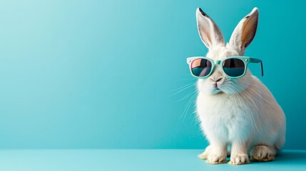 with rabbit with sunglasses on pastel blue background