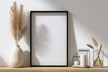 photo frame mockup on the shelf, in the minimalist style, with vases in light tones.