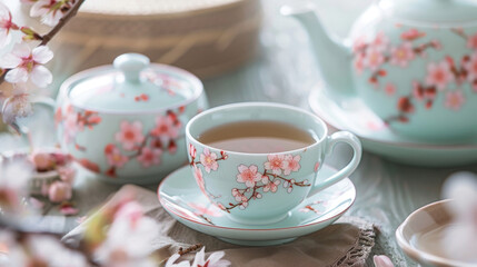 Relaxing afternoon tea in spring with cherry blossom porcelain tea set