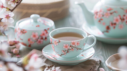 Obraz na płótnie Canvas Relaxing afternoon tea in spring with cherry blossom porcelain tea set