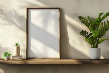 photo frame mockup on the shelf, in the minimalist style, clean and tidy.