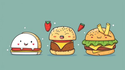 Triple cartoon food characters design - Group of cartoon food characters with bright eyes, symbolizing camaraderie and joy