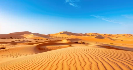 Poster Vast Sandy Landscape of Sahara Desert - The breathtaking Sahara Desert captured during daytime, showcasing vast sandy dunes under a clear blue sky, exuding a sense of solitude and heat © Mickey