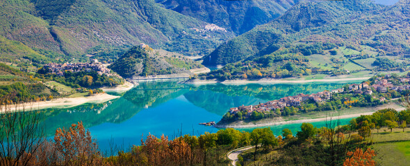 Italian scenic places . beautiful lake Turano and village Colle di tora and Castel di tora. Rieti province, Italy - 762534781