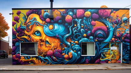Explore the urban landscape adorned with a stunning street art mural boasting bold and psychedelic colors.