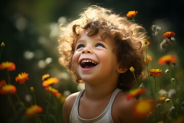 Innocent Smiling child nature portrait. Funny happy kid with hat in sunny weather. Generate ai