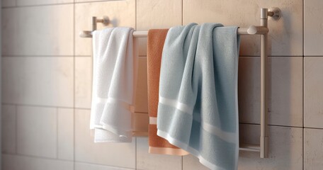 A Soft, Clean, White Towel Elegantly Draped on a Metal Rack in a Modern Bathroom with Beige Tiles