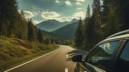 A family car on a road trip, driving through a scenic route with mountains and forests, captured in stunning HDR clarity.