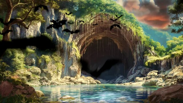 Seamless Looping Time-Lapse Animation Video Background: Bats Emerging from a Cave