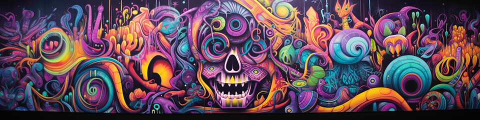 Naklejka premium Let your imagination run wild as you gaze upon the intricate details of a psychedelic street art mural.