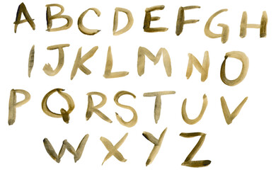 Complete alphabet, hand-drawn with a brush. Watercolor freehand typography, isolated on a white background. Brush texture, drawn with golden ocher ink paint Letters gold in vector. Complete font types