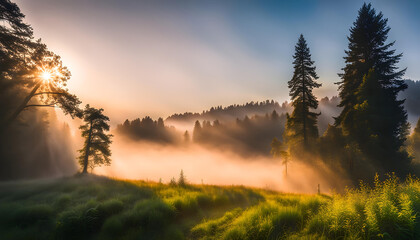 Summer morning in nature with fog, photograph of beautiful nature and European landscape,