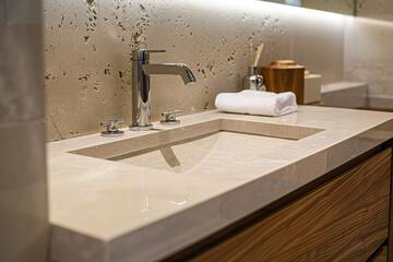 White bathroom interior design, washbasin and faucet on white marble counter in modern luxury minimal washroom.