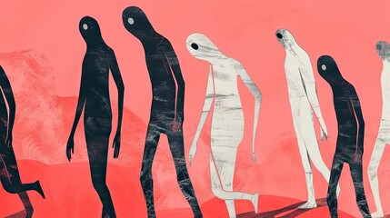 Abstract illustration of distorted human figures with elongated limbs, mutation, one eye, deformed body, humanoid entities, aliens, extraterrestrials. Generative by AI