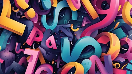 Fototapeta premium Abstract illustration of distorted, messy, sloppy typography, graffiti. Flat style, illusion of volume, varied color palette, English letters. Street style concept. Generative by AI