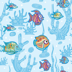 Seamless Pattern with Decorative fishes and Corals - 762535985