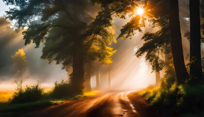 Summer morning in nature with fog, photograph of beautiful nature and European landscape,