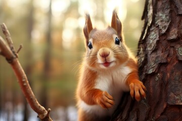 Naklejka na ściany i meble Agile Curious squirrel branch nut. Tree animal. Generate Ai