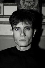 Portrait of young model in B&W and blue eyes