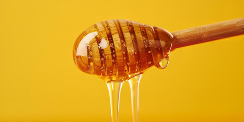 Honey dripping from honey dipper on yellow background - obrazy, fototapety, plakaty