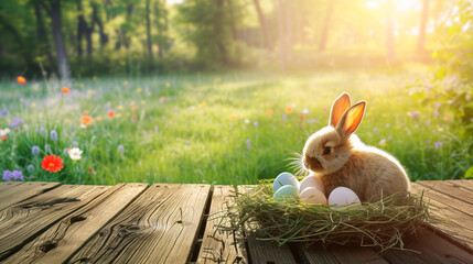 Easter bunny rabbit and Easter eggs on wooden board deck with blurred spring meadow and copy space, background for product display