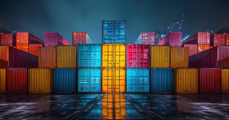 The Enigmatic Beauty of Stacked Shipping Containers Illuminated in a Night Cargo Terminal