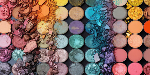 Make up eyeshadows palette set and brush. Professional multicolor eyeshadow - obrazy, fototapety, plakaty