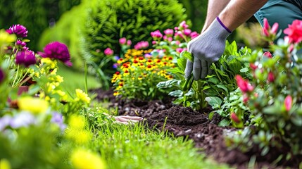 Landscape, garden, florist, flowers, foliage, greenery, lawn, grass. Working with plants, man, hands, gloves, park, yard, close up, blur, exotic, buds, stems, background. Generative by AI