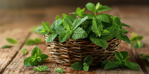 Mint. Bunch of Fresh green organic mint leaf on wooden table closeup. Selective focus - obrazy, fototapety, plakaty