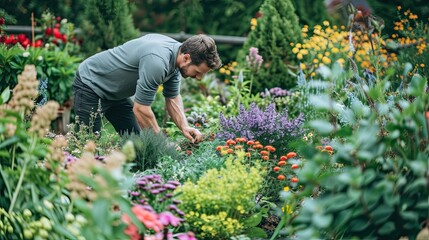 Landscape, garden, gardener, flowers, foliage, greenery, lawn, grass. with plants, florist, park, yard, close up, blur, exotic, flower beds, buds, stems, backdrop, background. Generative by AI