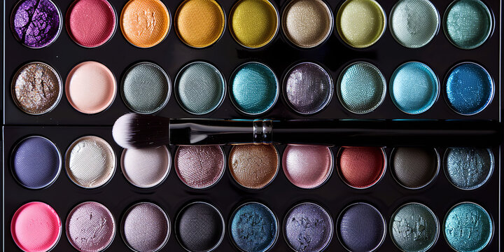Make up eyeshadows palette set and brush. Professional multicolor eyeshadow