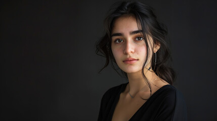 Portrait photo of beautiful Turkish woman taken in a full black background