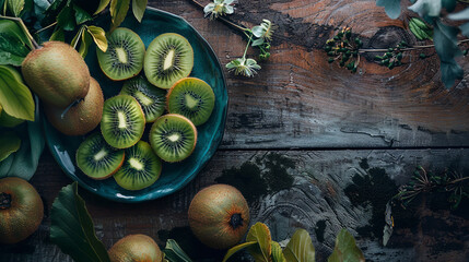 Sliced ​​kiwis into plate, on wooden table - Powered by Adobe