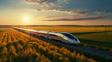 A high-speed passenger train traveling through a rural countryside, passing fields and farms at sunset, casting long shadows.