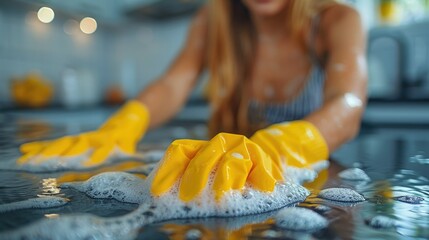 Woman Cleaning Counter Top With Yellow Gloves - obrazy, fototapety, plakaty